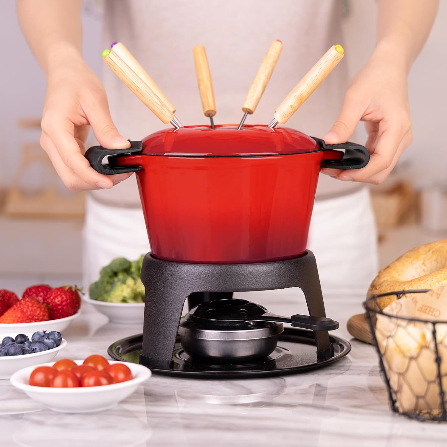 Enameled Cast Iron Cheese Fondue Pot / Sauce Pan/JTFP-001B